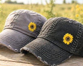 Embroidered Sunflower Baseball Cap: Women's Hat With Small Flower In Corner, Gift Clothing