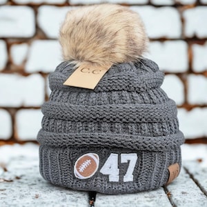 Football Beanie: Embroidered Custom Team Jersey Player Number Winter Hat, Pom Optional, Mom Gift