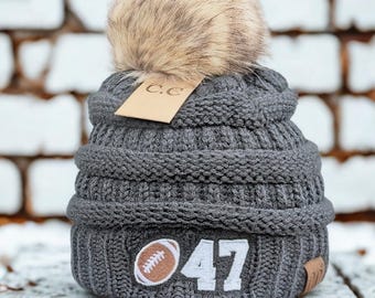 Football Beanie: Embroidered Custom Team Jersey Player Number Winter Hat, Pom Optional, Mom Gift