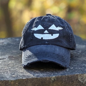 Embroidered Pumpkin Face Baseball Cap: Women&#39;s Distressed Halloween Hat, Girl or Boy Design