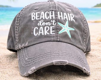 Beach Hair Don't Care Starfish Baseball Cap: Women's Hat, Funny, Gift Clothing Present Lover
