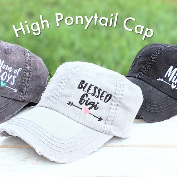 Custom text name high ponytail cap, women's messy bun hat, blessed gigi, mom of boys, mimi nana yaya lala meemaw gifts, hat with heart