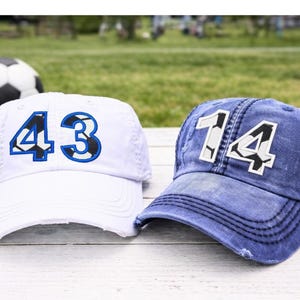 Embroidered Soccer Font Number Hat: Women's Distressed Baseball Cap, Not A Patch, Print Pattern Design