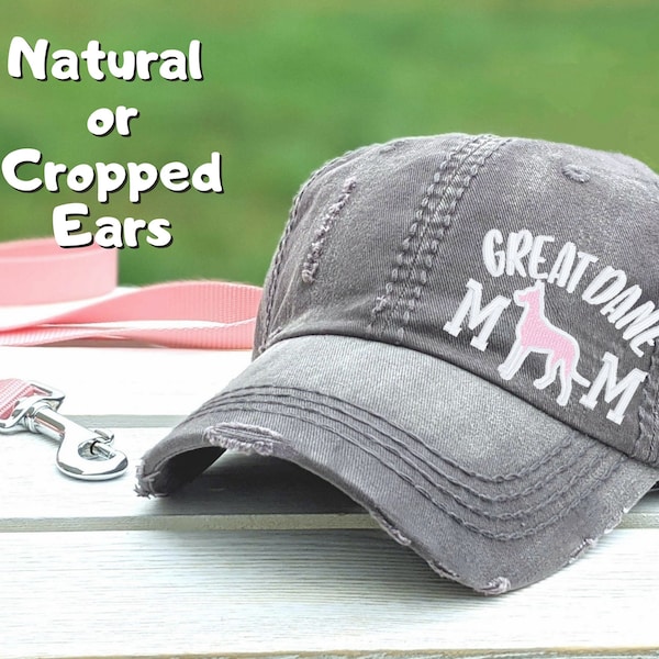 Women's great dane dog mom hat, cute embroidered  baseball cap, natural or cropped ears, gift clothing for owner her wife girlfriend sister