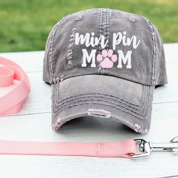 Women's min pin miniature pinscher dog mom hat, embroidered baseball cap, cute paw print mini pinscher present for her owner wife friend