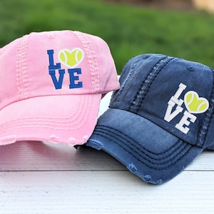 Embroidered I Love Tennis Hat: Women&#39;s Distressed Cotton Baseball Cap, Blue Pink More