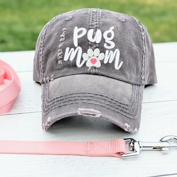 Women's pug dog mom or mama baseball cap, embroidered pug hat, gift present clothing for pug owner wife girlfriend sister friend birthday