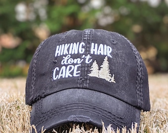 Hiking Hair Don't Care Hat: Trees Embroidered Baseball Cap, Gift Clothing Present