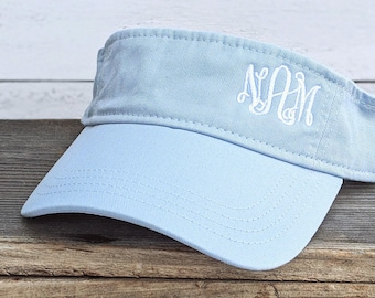 Monogrammed Visor: Embroidered Women's Sun Hat, Light Blue White + Gift Clothing
