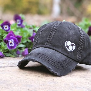 Women&#39;s Soccer Hat: Embroidered Soccer Ball Heart Distressed Baseball Cap, Optional Name Number