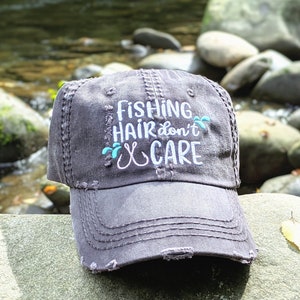 Embroidered Fishing Hat With Hooks: Hair Don&#39;t Care, Distressed Baseball Cap Women&#39;s