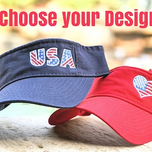 Embroidered USA Flag Visor: Patriotic 4th of July Hat Heart or USA Text