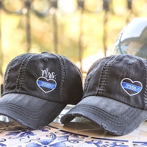 Women&#39;s Police Thin Blue Line Badge Number Hat, Mrs. LEO Baseball Cap, Heart Shaped