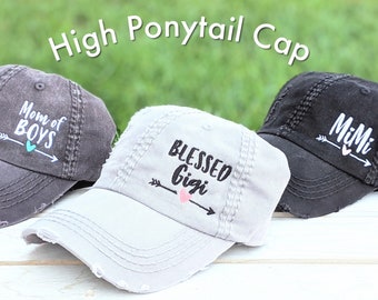 Custom text name high ponytail cap, women's messy bun hat, blessed gigi, mom of boys, mimi nana yaya lala meemaw gifts, hat with heart