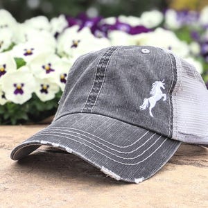 Women's Unicorn Baseball Cap: Embroidered Distressed Grey + , Mesh Back, Corner Design Gift