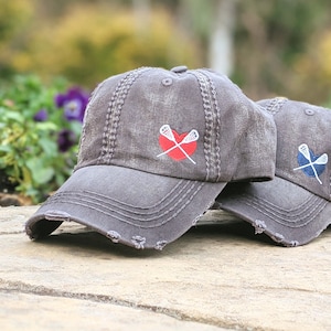 Women&#39;s Lacrosse Hat: Distressed LAX Baseball Cap with Heart & Sticks, Optional Number Name