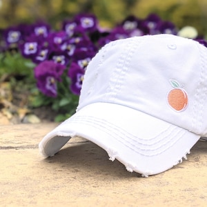 Embroidered Peach Baseball Cap: Georgia Women&#39;s Distressed Cotton Hat, White More
