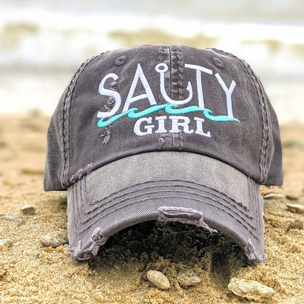 Salty girl hat, cute funny pun women's salt water fishing baseball cap, gift clothing present boat wife mom friend, female fisherman her