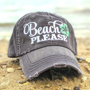 Beach Please Baseball Cap: Women&#39;s Distressed Embroidered Hat, Funny Pun, Hibiscus Flower