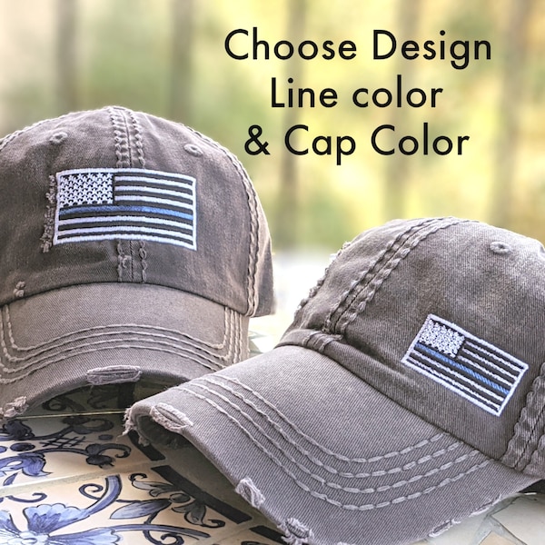 Women's Thin Line American Flag Hat, Blue Red Green Yellow Gold Silver, LEO Police Wife Mom Family, Firefighter, Security Guard, Gift Cute