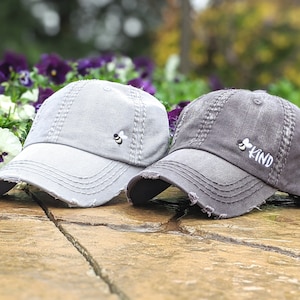 Embroidered Bee or Kind Baseball Cap: Women&#39;s Distressed Cotton Hat, Small Corner Design