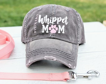 Women's whippet dog mom hat, cute sewn embroidered baseball cap, new whippet puppy gift present for owner wife girlfriend sister friend