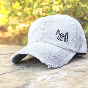 Women&#39;s Camping Hat: Embroidered Tent Or Camper Distressed Baseball Cap, Small Corner Design