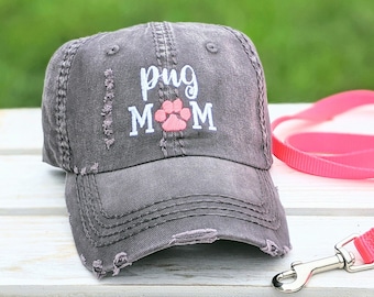 Pug Mom Baseball Cap Olive Distressed Vintage Wash Pug Gifts Pug Lover Gift