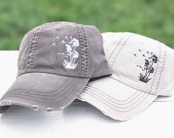 Dandelion hat, women's hat, flower hat, floral baseball cap, flower hat, blowing dandelion hat, spring hat, nature hat, hiking hat, flowers