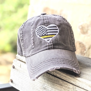 Embroidered Thin Yellow Line Heart Hat: Distressed Women&#39;s Baseball Cap, Security Guard&#39;s Wife