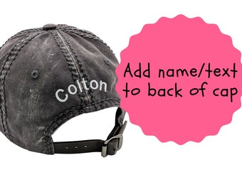 Add Text to Back of Hat, Add On Item Only, Price Doesn't Include a Cap, Name Custom Text Embroidery Back of Cap Over Ponytail Hole