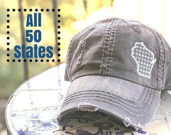 Women's 50 fifty states embroidered hat, custom baseball cap, shape outline silhouette, cute small corner, birthday housewarming gift