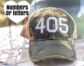 Women's hat with custom text, area code hat, state abbreviation hat, Camoflauge Baseball Cap, Camoflauge Hat, camo hat, hat with numbers