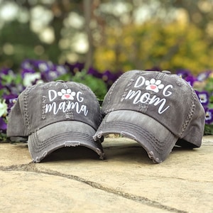 Dog Mom or Mama Embroidered Distressed Baseball Cap: Paw Print Heart Hat