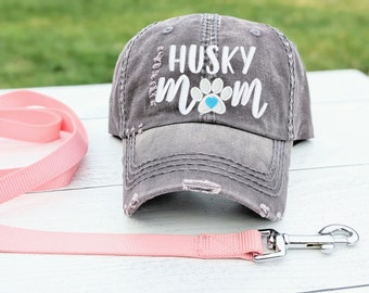 Women's husky dog mom hat, siberian alaskan, embroidered baseball cap, cute sewn gift clothing present for owner wife birthday friend her