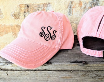 Women's messy bun hat with monogram, Monogrammed Initials High Ponytail Cap, Monogrammed Hat Gift Cute Side Corner Small, Peach Pink More