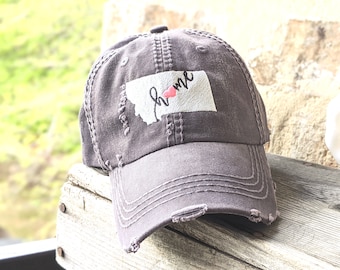 Women's Montana Home Hat, Embroidered Sewn Baseball Cap, State Shape Outline Heart, Cute Custom Personalized Colors, Gift Clothing Present