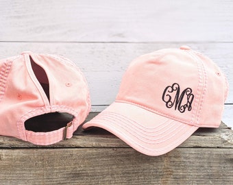 Monogrammed high ponytail cap, Monogrammed Messy Bun Hat, Monogrammed Hat, Peach High Ponytail Cap, Peach Messy Bun Hat, Pink Messy Bun Cap