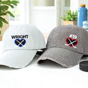 Gorra de béisbol con corazón de hockey bordado: texto personalizado con número de camiseta, nombre y texto, estilo, ropa de regalo.