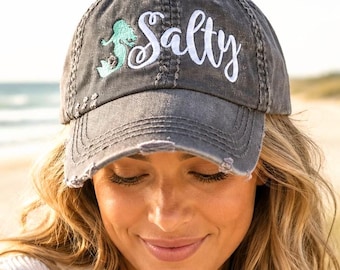 Salty Mermaid Hat, Embroidered Baseball Cap: Women's Beach Cruise Gift Clothing, Large Big Design