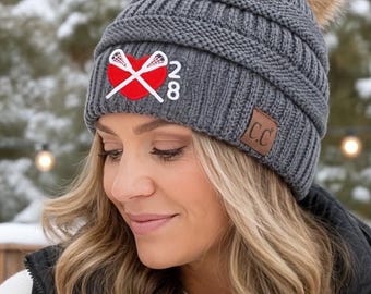 Embroidered Lacrosse Beanie: Custom Player Number Sticks, Team Spirit Wear Winter Hat Cap, CC