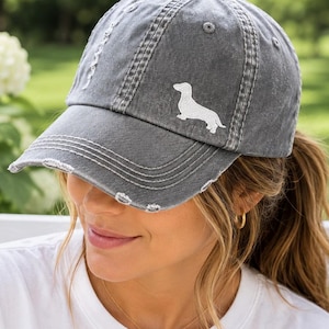 Women's Dachshund Embroidered Baseball Cap Hat, Doxie Wiener Smooth-Haired Dog Shape Outline Silhouette Corner