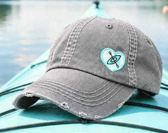 Women's Kayaking Hat: Embroidered Heart, Baseball Cap, Female Ladies Kayaker Gift Clothing Present