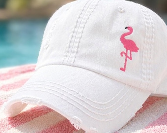 Women's Flamingo Baseball Cap Hat, White Pink +, Florida Beach Trip Vacation Embroidered Gift Present