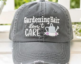 Embroidered Gardening Hat: Hair Don't Care Women's Baseball Cap, Watering Can Flowers
