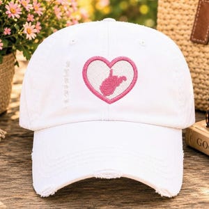 Embroidered West Virginia State Heart Baseball Cap - Women's White Pink + Gift Clothing, Home Love