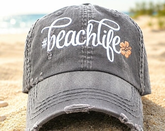 Women's Beach Baseball Cap, #beachlife Hat, Opt. Hibiscus Flower, Gift Clothing Lover Present