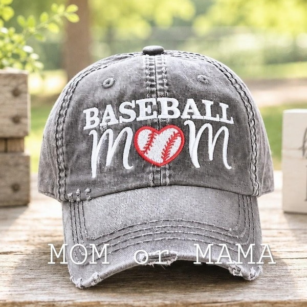 Baseball Mom or Mama Hat: Embroidered Cap with Heart Ball Design, Gift Clothing Present