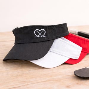 Embroidered Ice Hockey Visor: Puck Sticks Heart, Custom Team Colors, White Red Black +, Gift
