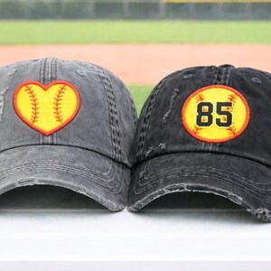 Softball Hat, Embroidered Baseball Cap, Large Big Heart Round, Jersey Team Player Number Option